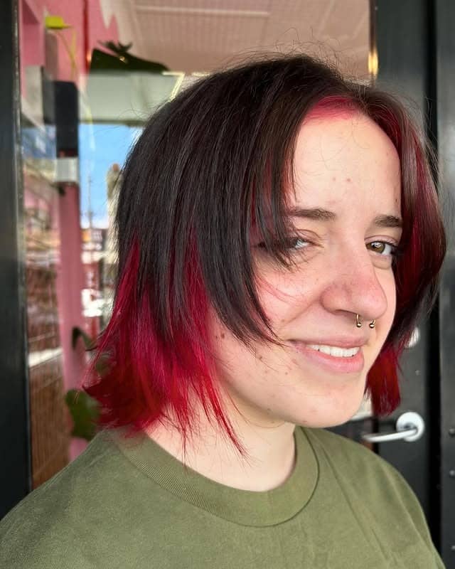 10. Layered Bob with Peekaboo Red on Dark Brown - Messy Haircut For Women