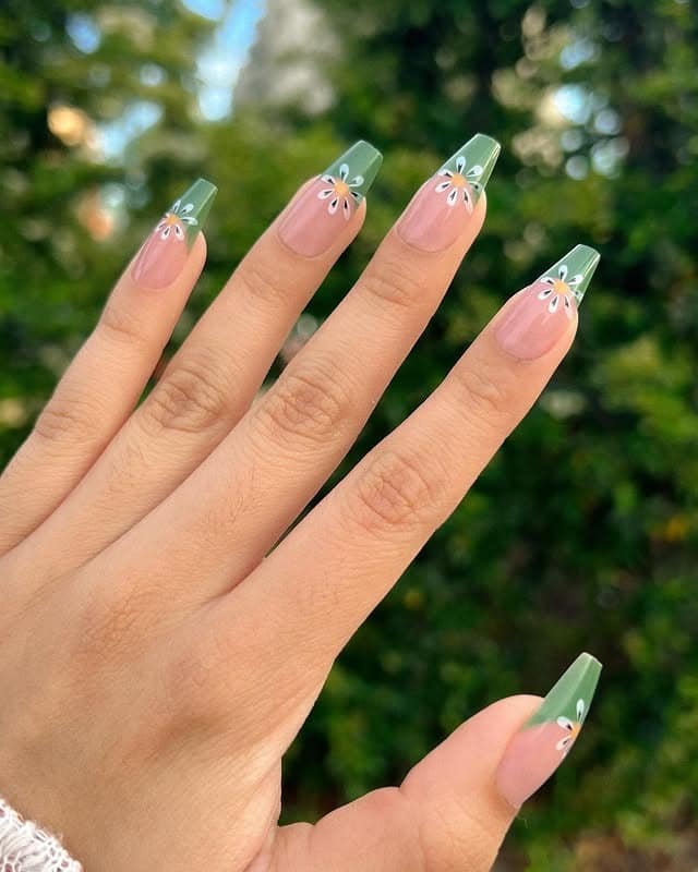 12. Sage Green Floral French Tip Square Nails - simple pastel nail ideas