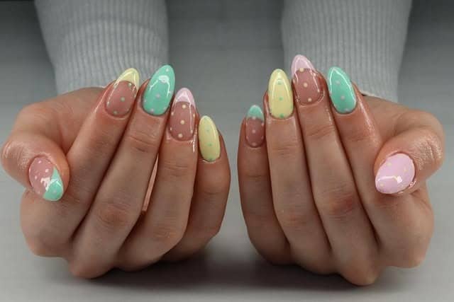 15. Mixed Pastel Polka Dot Almond Nails - simple pastel nail ideas