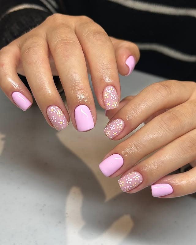 17. Baby Pink Short Nails with White and Yellow Dots - simple pastel nail ideas