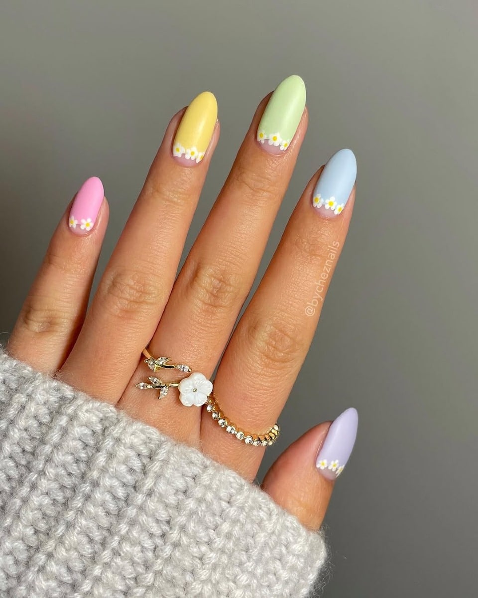 19. Pastel Daisy French Tip Almond Nails - simple pastel nail ideas