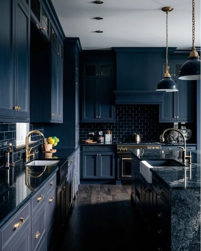 1. Moody Navy Luxe Kitchen with Brass Accents - blue kitchen ideas