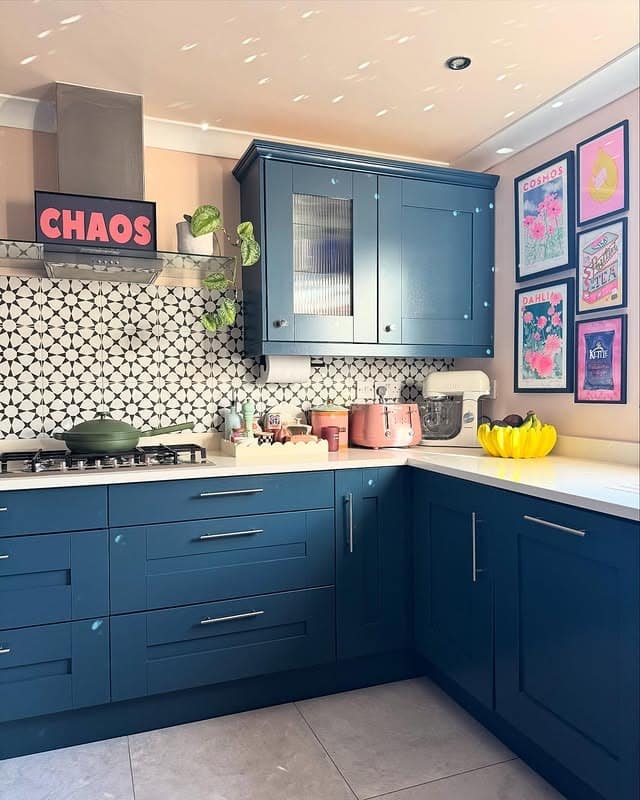5. Contemporary Blue Kitchen with Patterned Backsplash - blue kitchen ideas