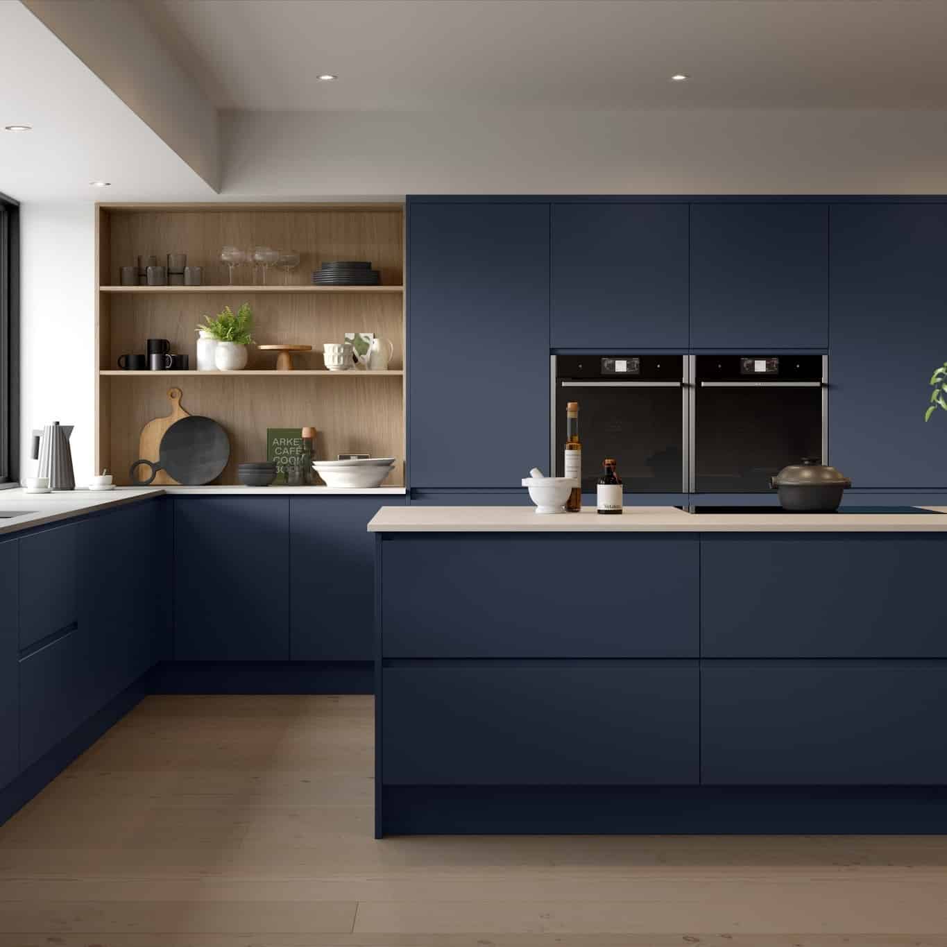 8. Modern Blue Kitchen with Open Shelving Feature - blue kitchen ideas