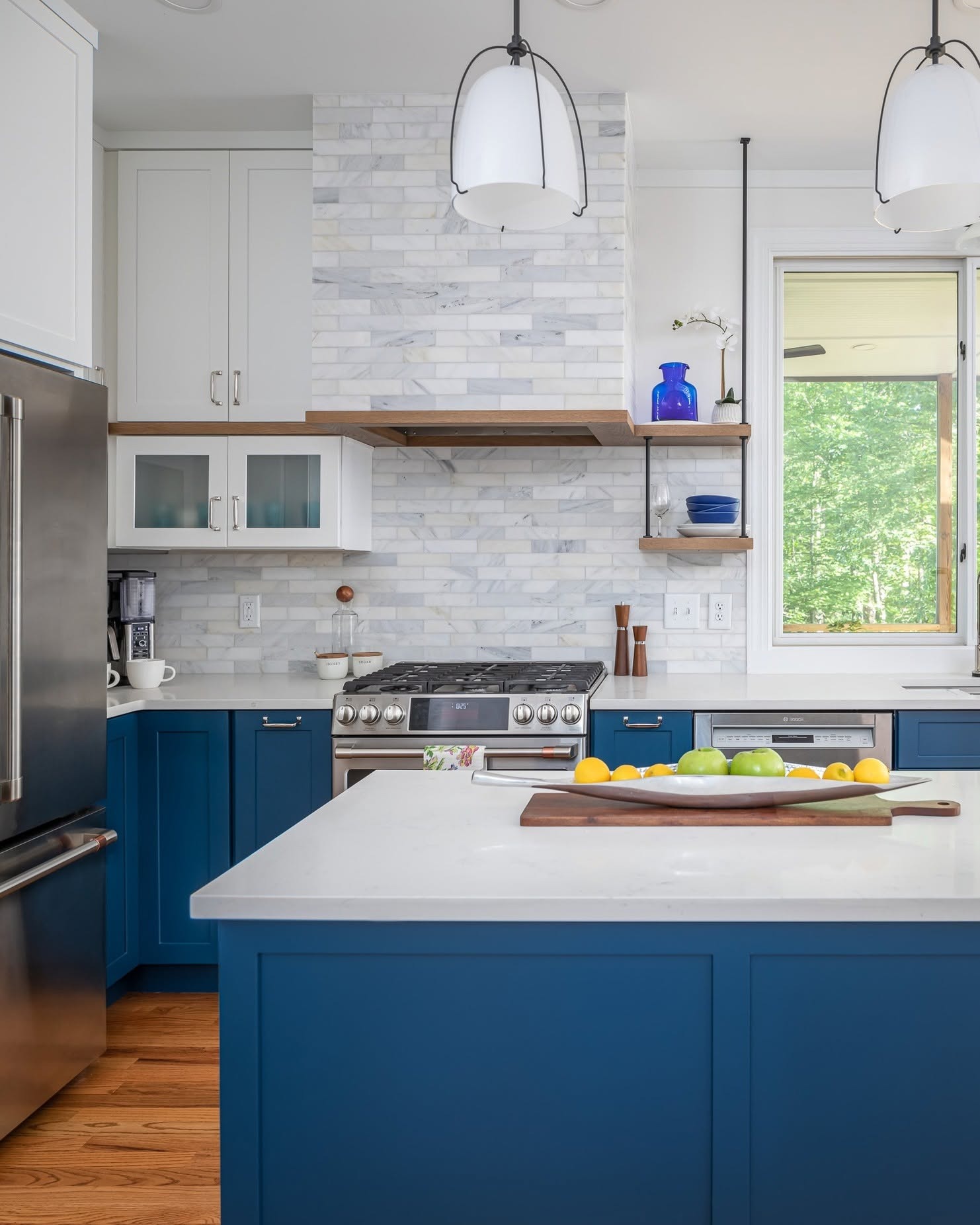 12. Blue Base Cabinet Kitchen with Marble Feature Wall - blue kitchen ideas