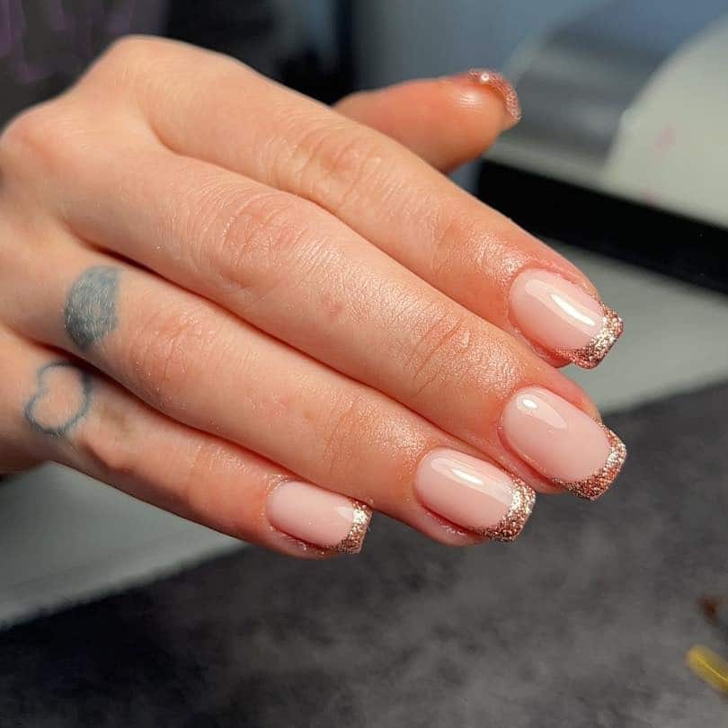 1. Soft Nude Square Nails with Rose Gold Glitter Tips - simple sparkly nail ideas
