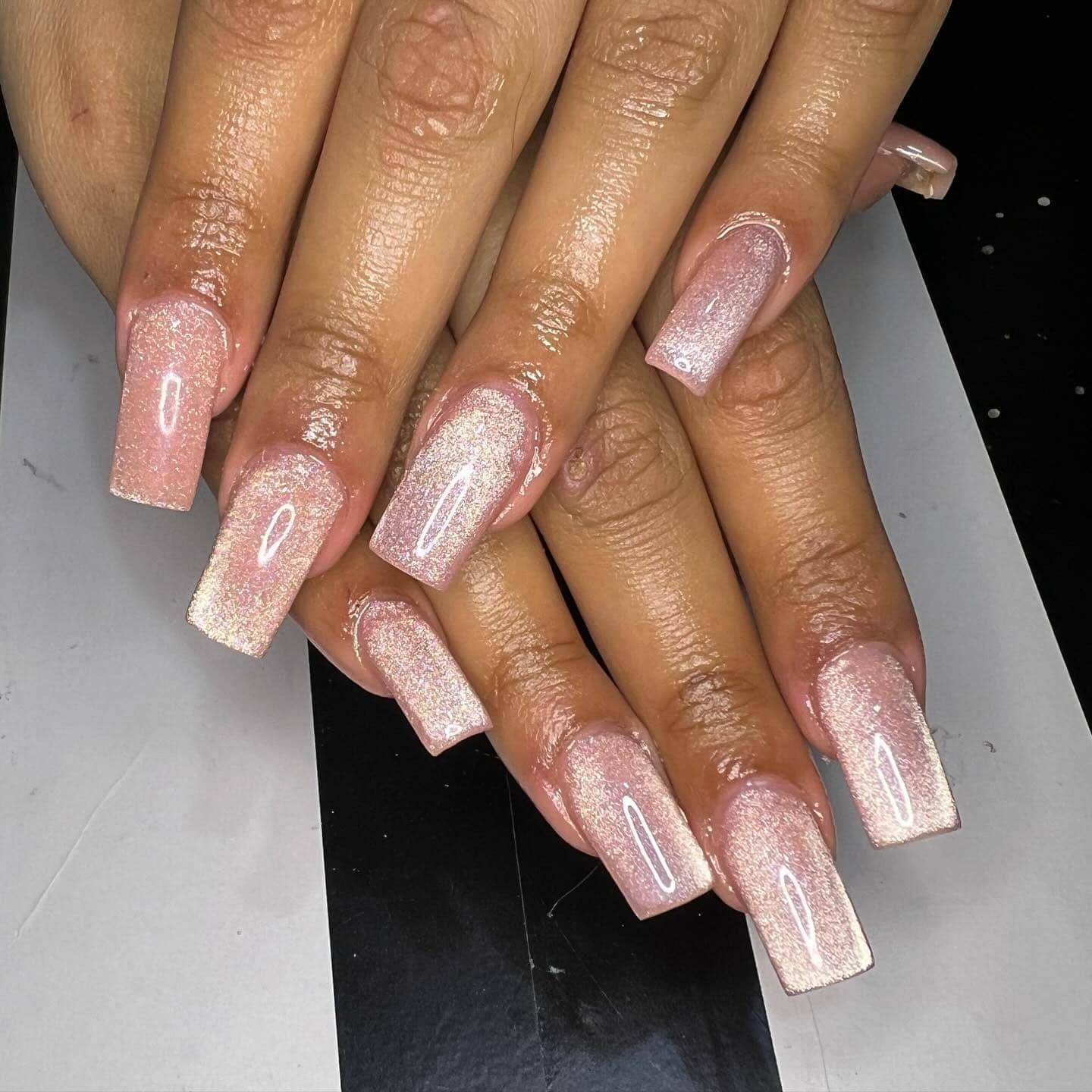4. Soft Pink Shimmer Coffin Nails - simple sparkly nail ideas