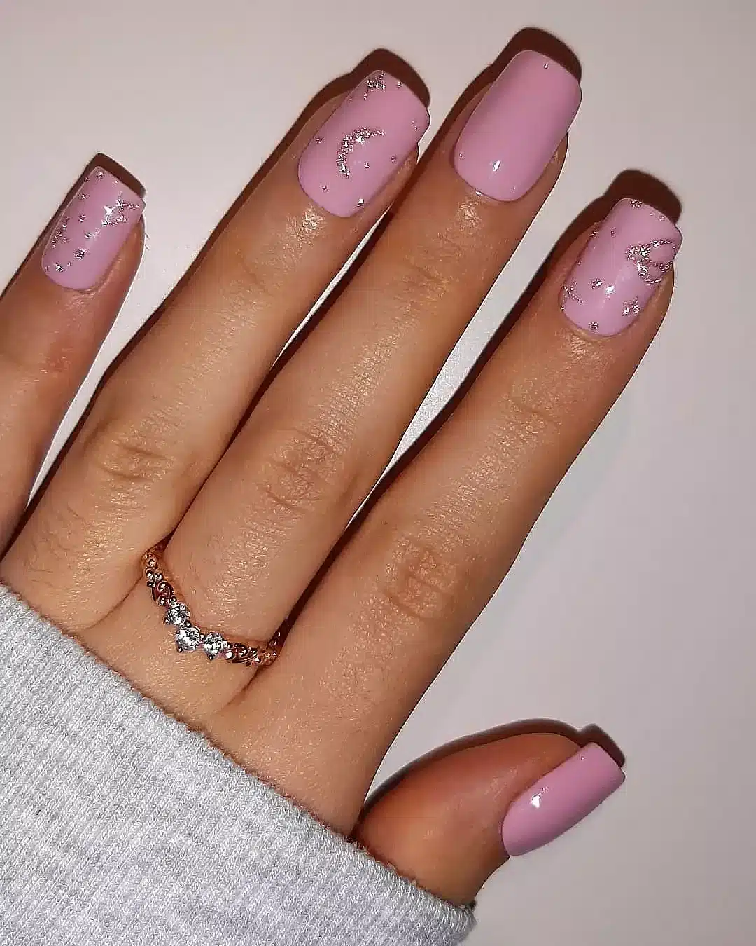 5. Light Pink Square Nails with Silver Foil Accents - simple sparkly nail ideas