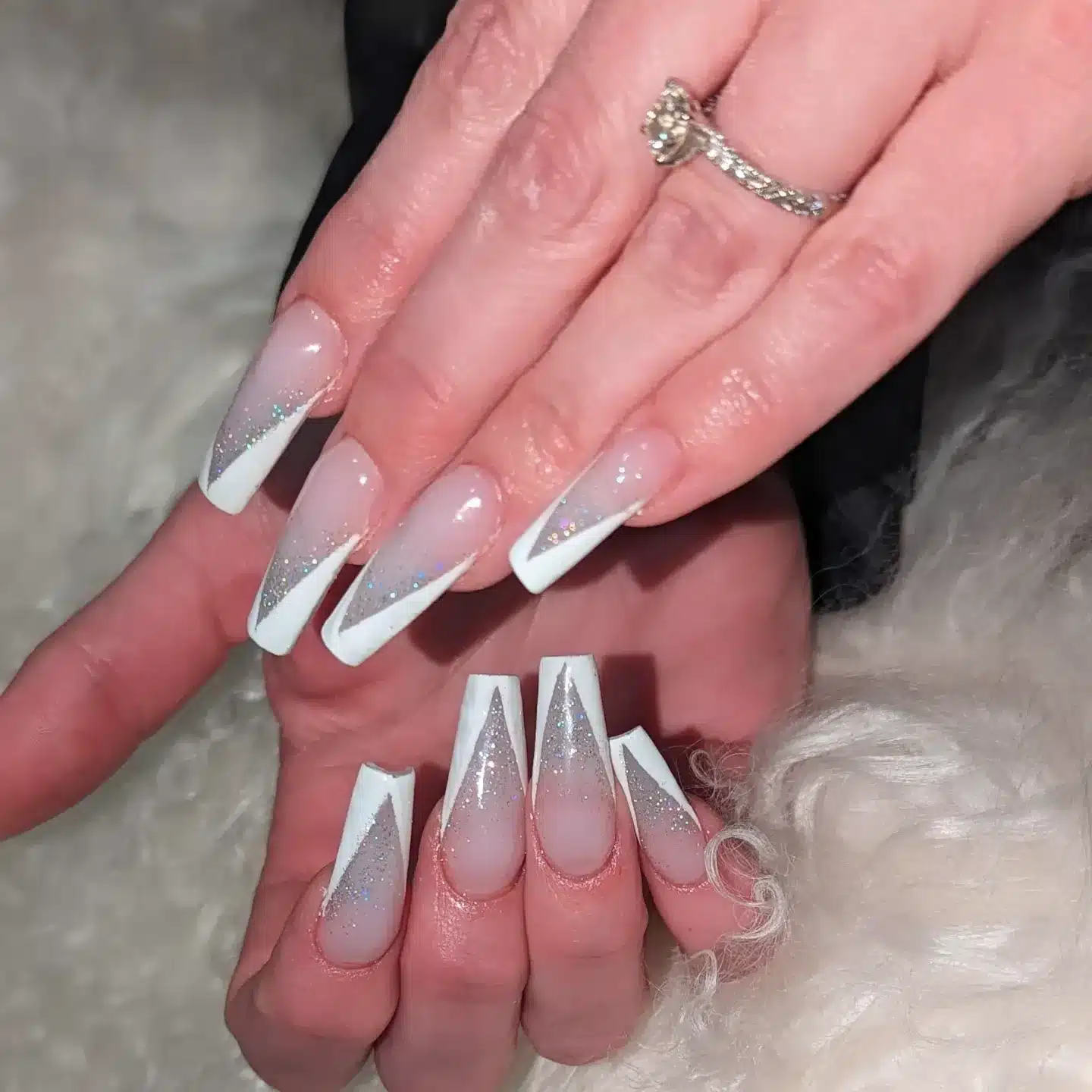 7. Milky White Ombre Glitter Coffin Nails - simple sparkly nail ideas