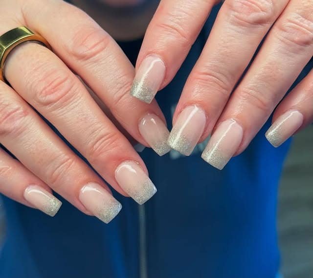 11. Nude Square Nails with Silver Glitter Fade - simple sparkly nail ideas