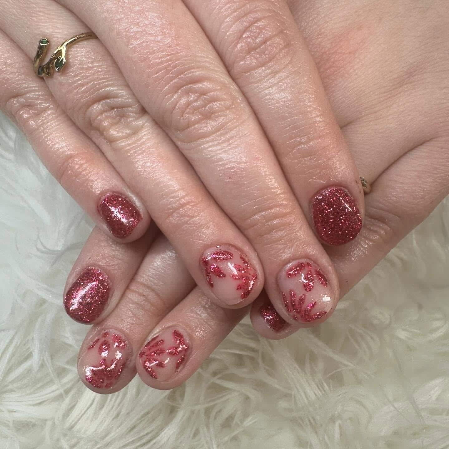 15. Short Red Glitter Nails with Abstract Accent Design - simple sparkly nail ideas
