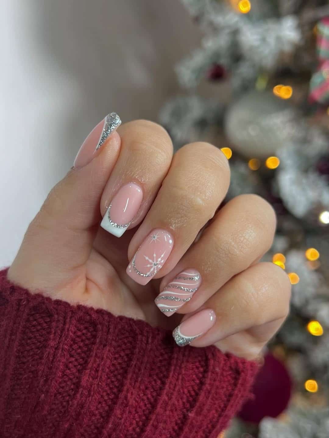 18. Soft Pink French Tips with Silver Glitter and Snowflake Art - simple sparkly nail ideas