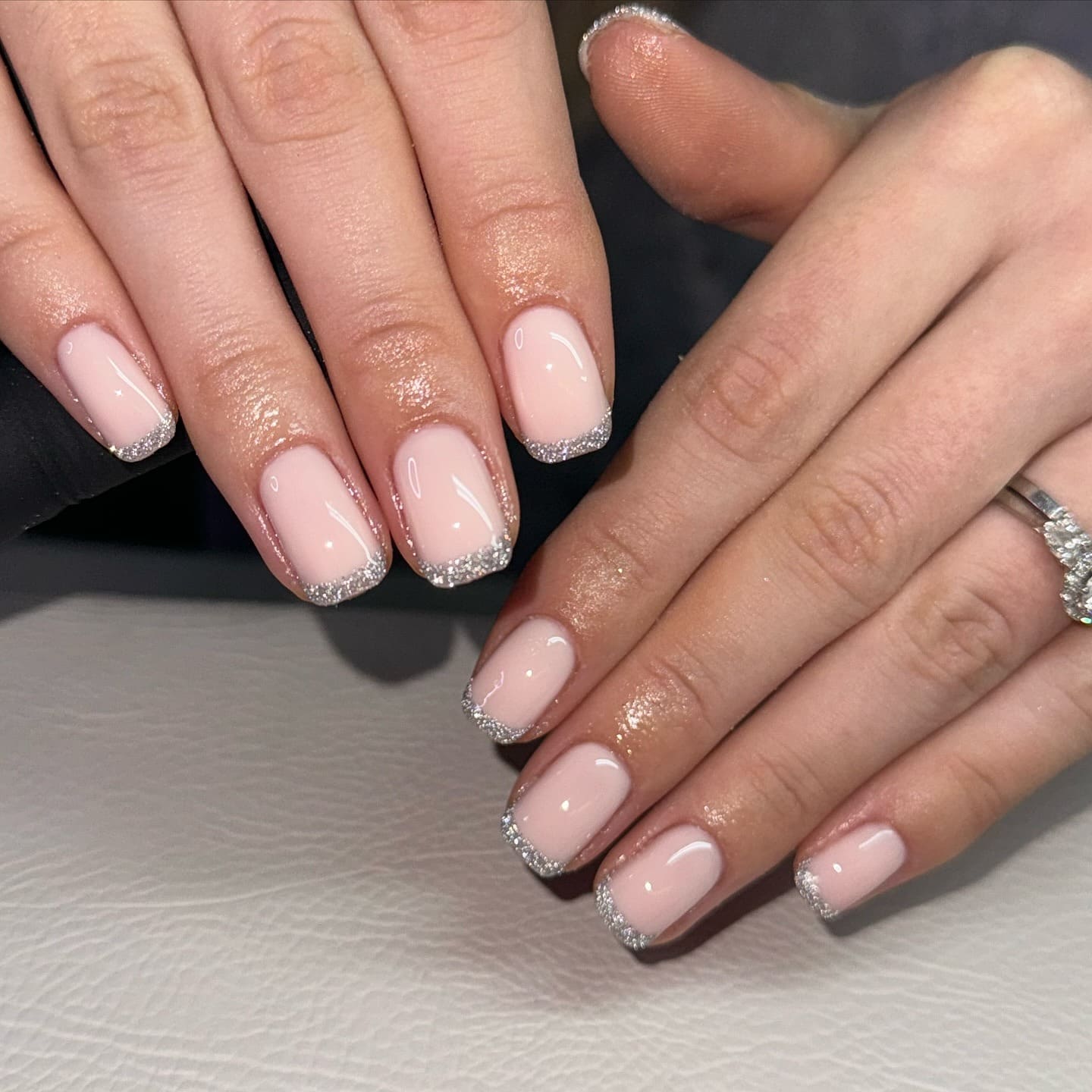 22. Short Square Nude Nails with Silver Glitter French Tips - simple sparkly nail ideas