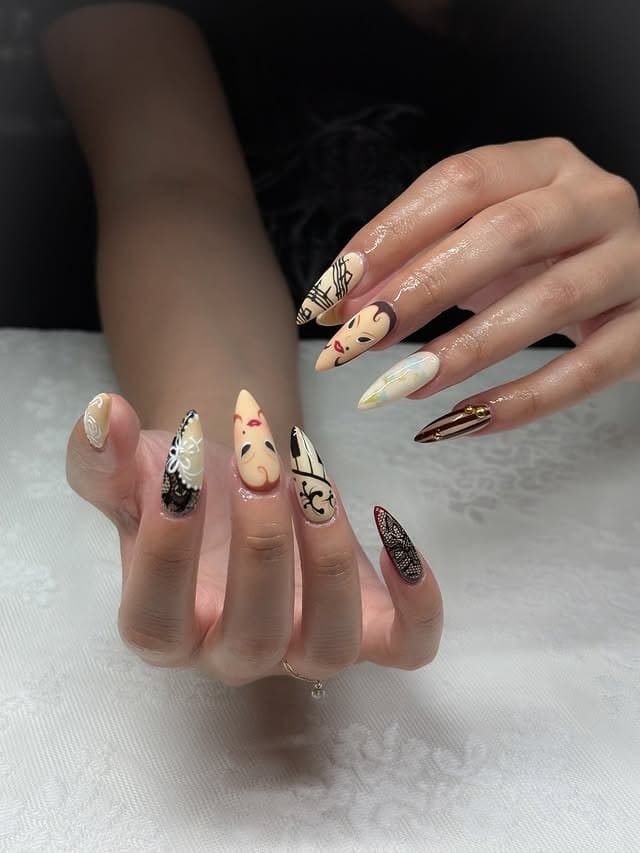 2. Beige and Cocoa Mixed Art Stiletto Nails - simple stiletto nail ideas