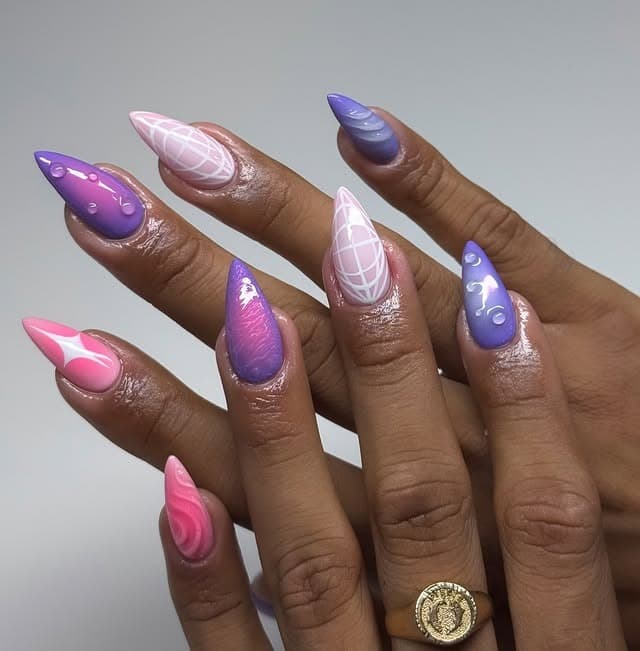 3. Pink and Lavender Swirl Stiletto Nails - simple stiletto nail ideas