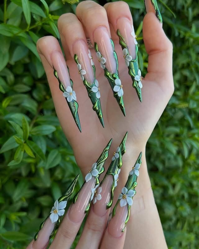 5. Green Chrome Floral Stiletto Nails - simple stiletto nail ideas