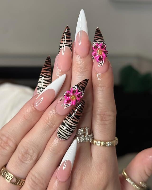 7. Zebra and Floral Accent Stiletto Nails in Pink and Brown - simple stiletto nail ideas