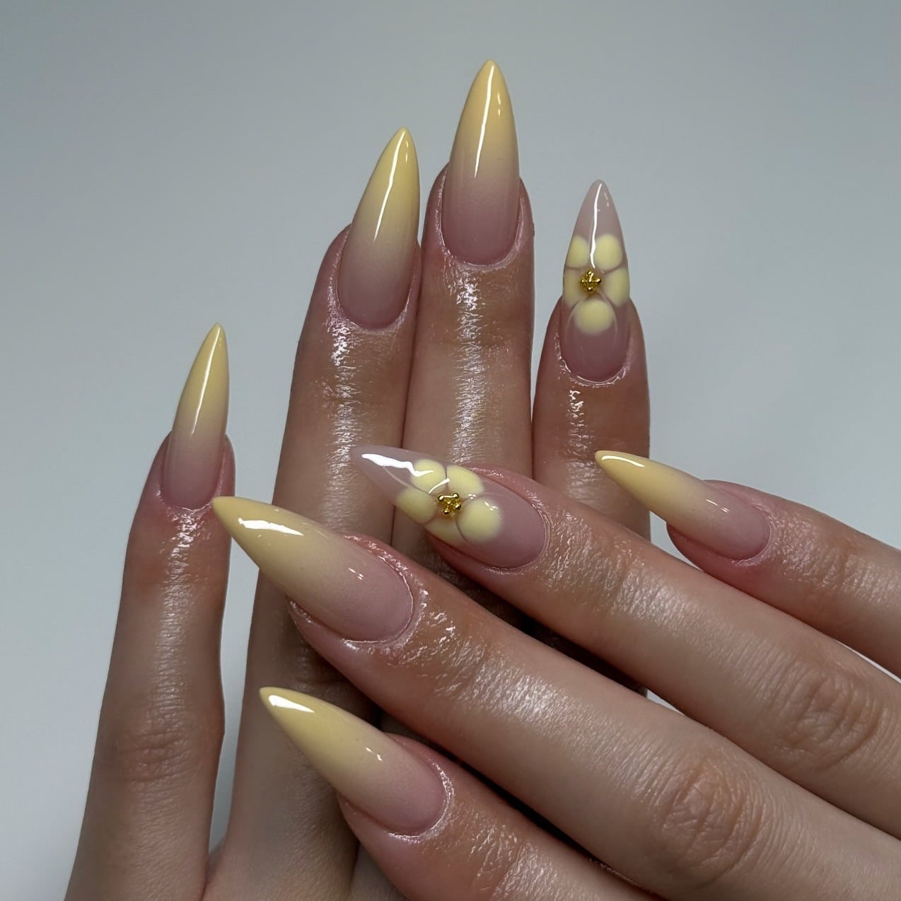8. Yellow Ombre Stiletto Nails with Daisy Detail - simple stiletto nail ideas