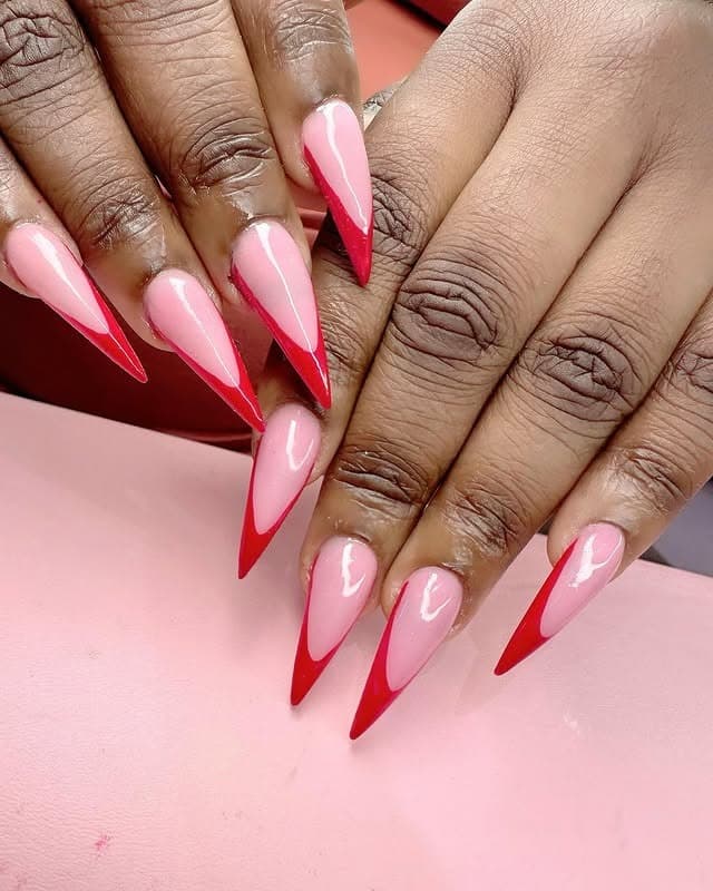 13. Baby Pink Stiletto with Bold Red French Tips - simple stiletto nail ideas