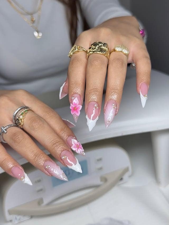 14. Soft Pink and White Floral French Stiletto Nails - simple stiletto nail ideas