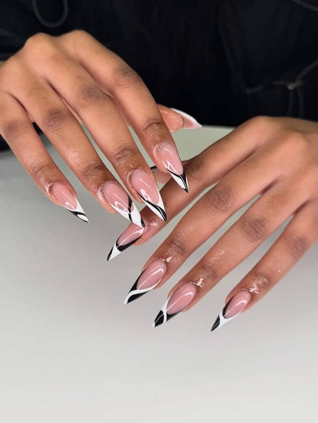15. Nude Stiletto with Black and White Abstract French Tips - simple stiletto nail ideas