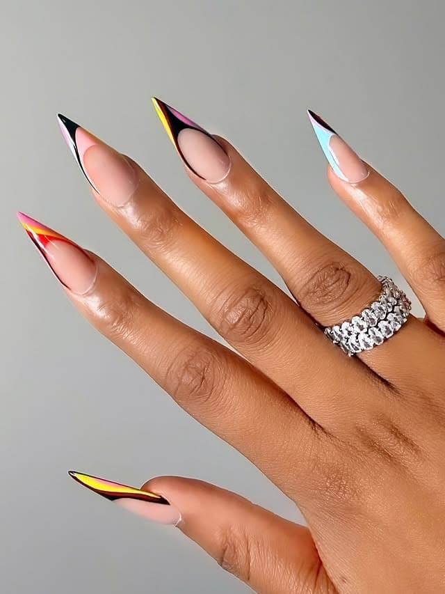 16. Multicolor Neon French Tip Stiletto Nails - simple stiletto nail ideas