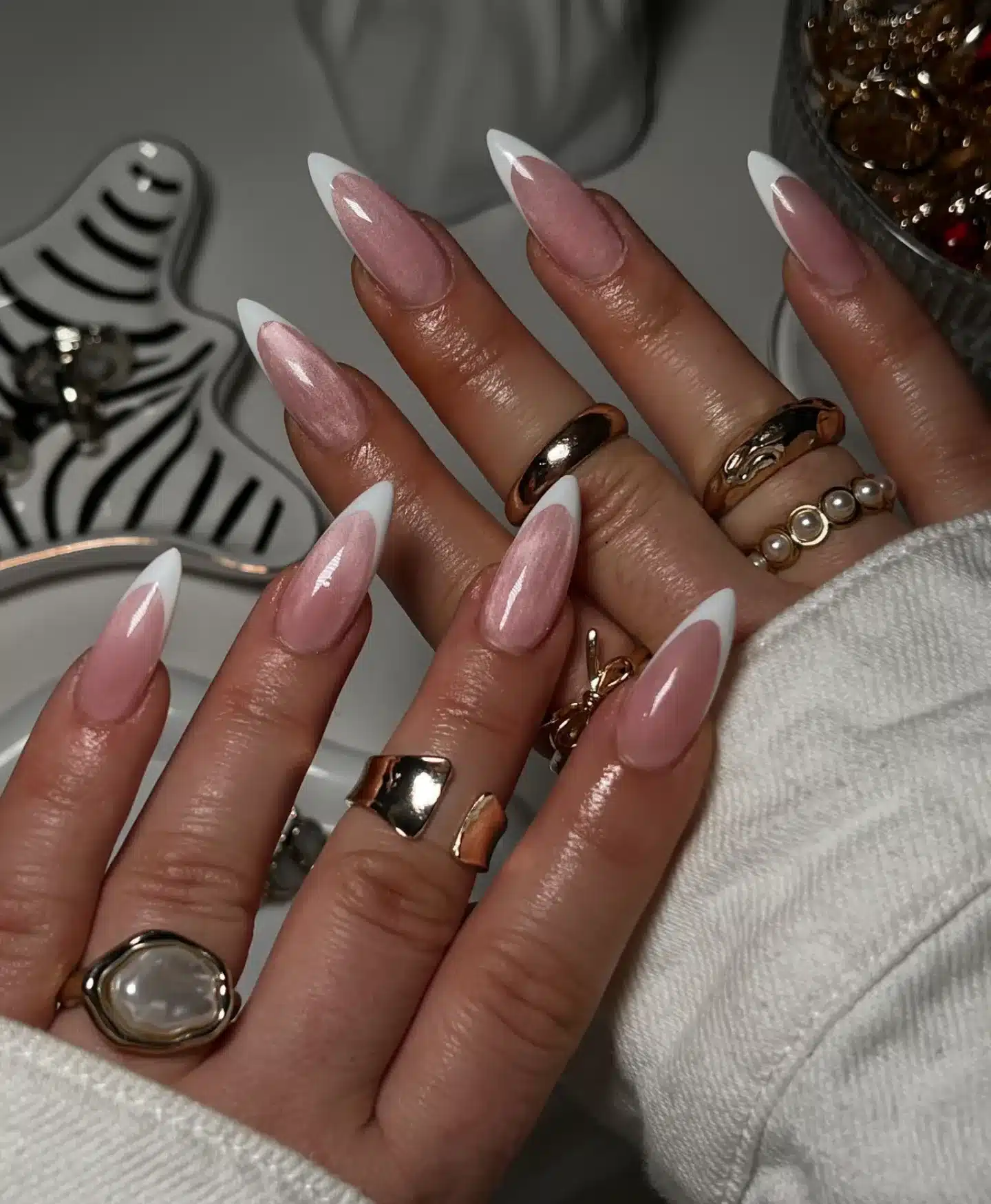 17. Soft Pink Chrome Stiletto with Classic White Tips - simple stiletto nail ideas