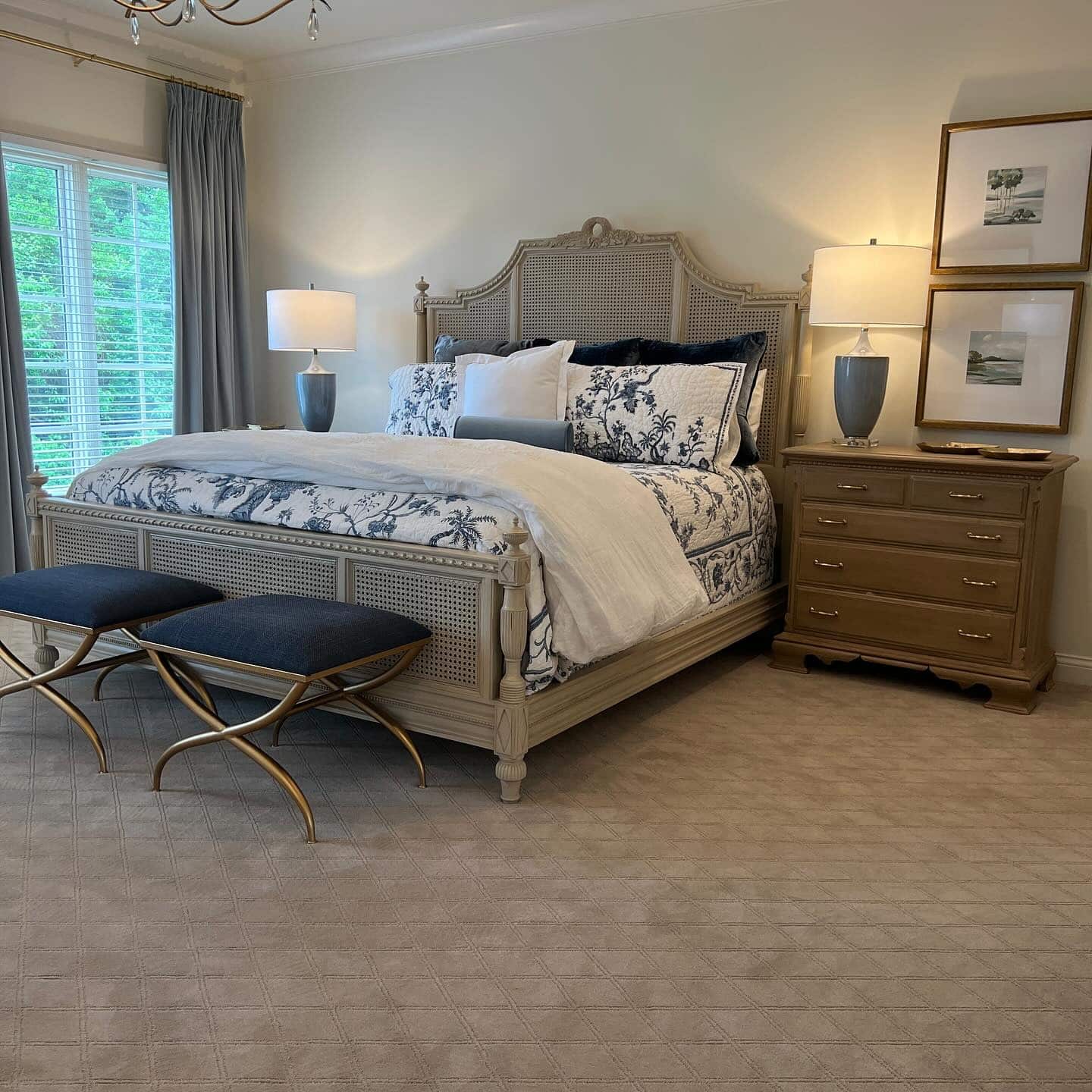 5. French-Inspired Cream and Blue Accent Bedroom - cream color bedroom ideas
