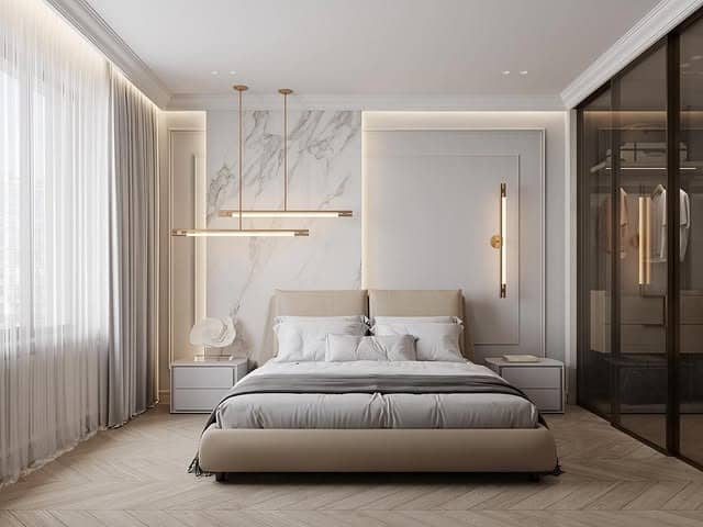 9. Minimal Cream Marble Accent Bedroom - cream color bedroom ideas