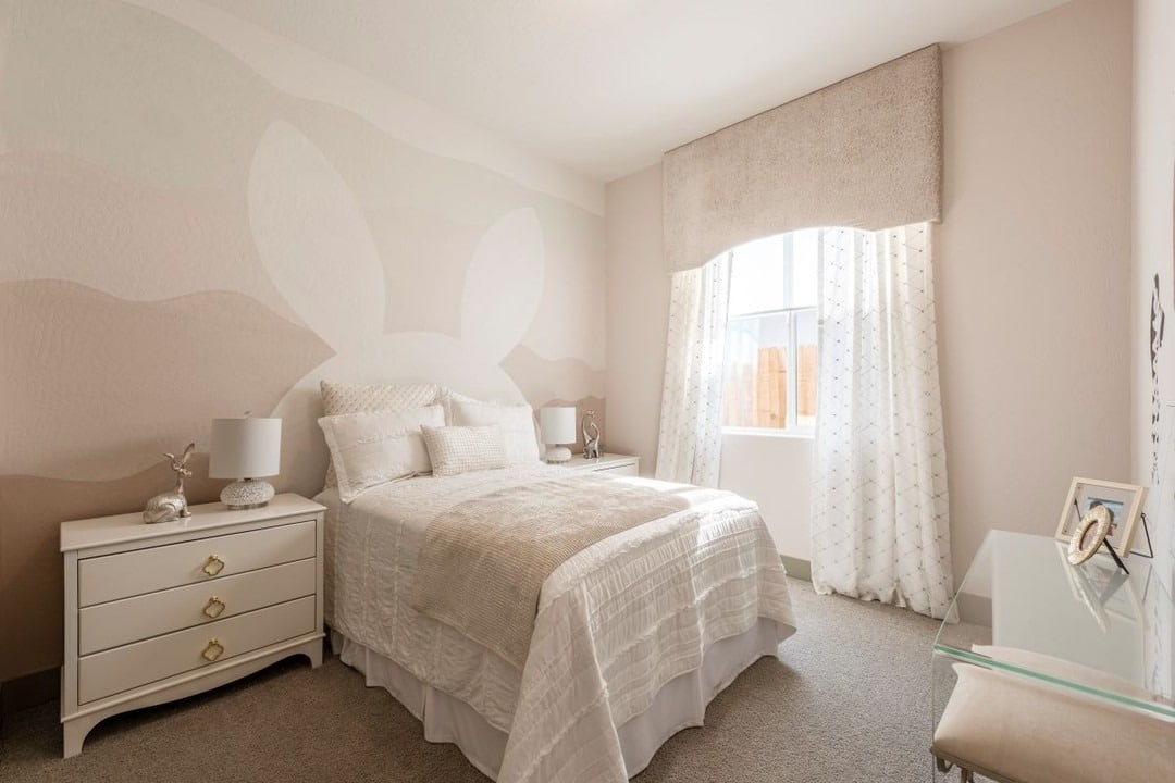 14. Soft Cream and Blush Kids Bedroom with Painted Wall Detail - cream color bedroom ideas