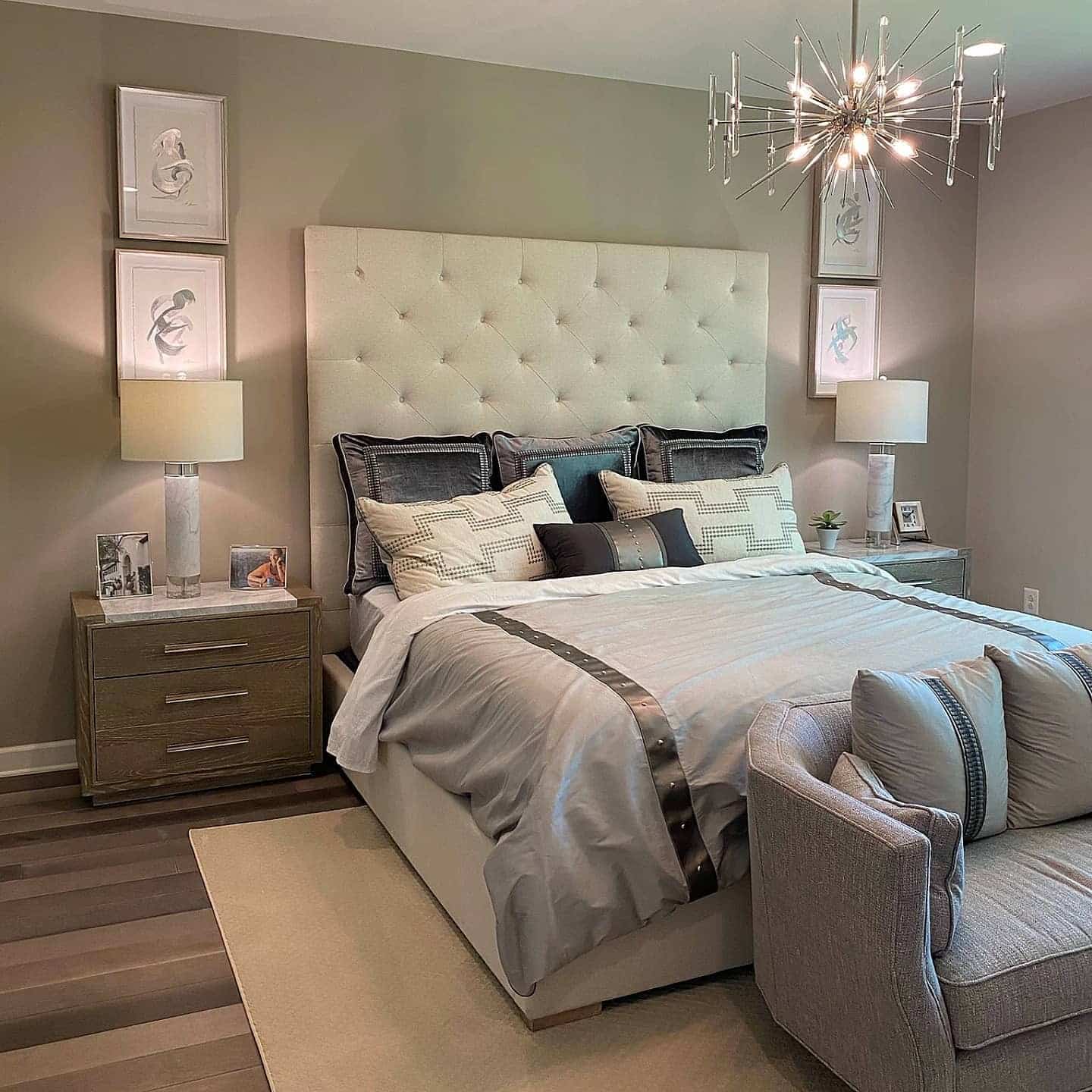 16. Contemporary Cream and Gray Accent Bedroom with Statement Lighting - cream color bedroom ideas
