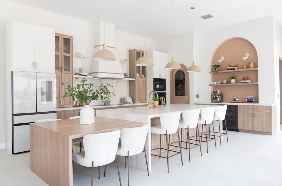 6. Contemporary Open Kitchen with Natural Wood and White Palette - long kitchen ideas