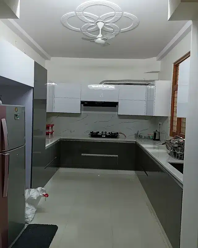 7. Compact Linear Kitchen with Gloss Finishes and Smart Storage - long kitchen ideas