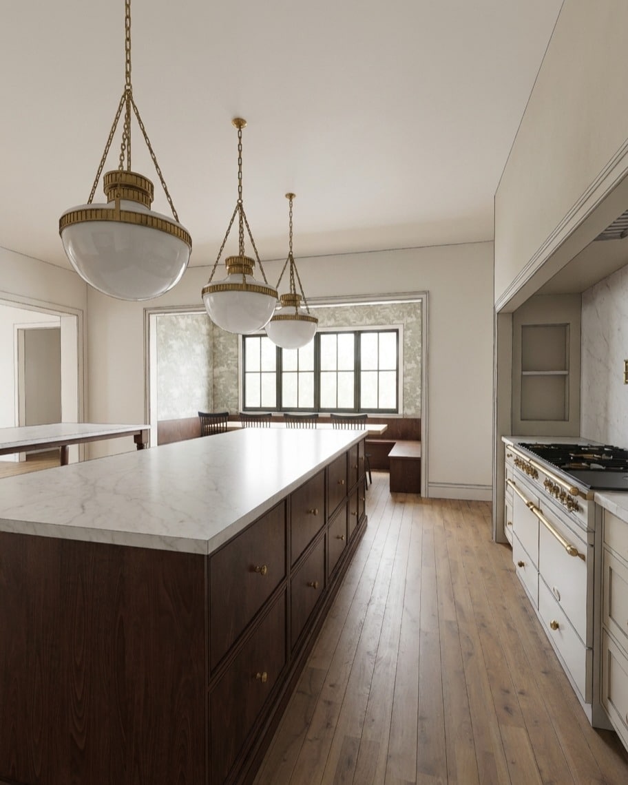 8. Transitional Long Kitchen with Dark Wood Island and Classic Fixtures - long kitchen ideas