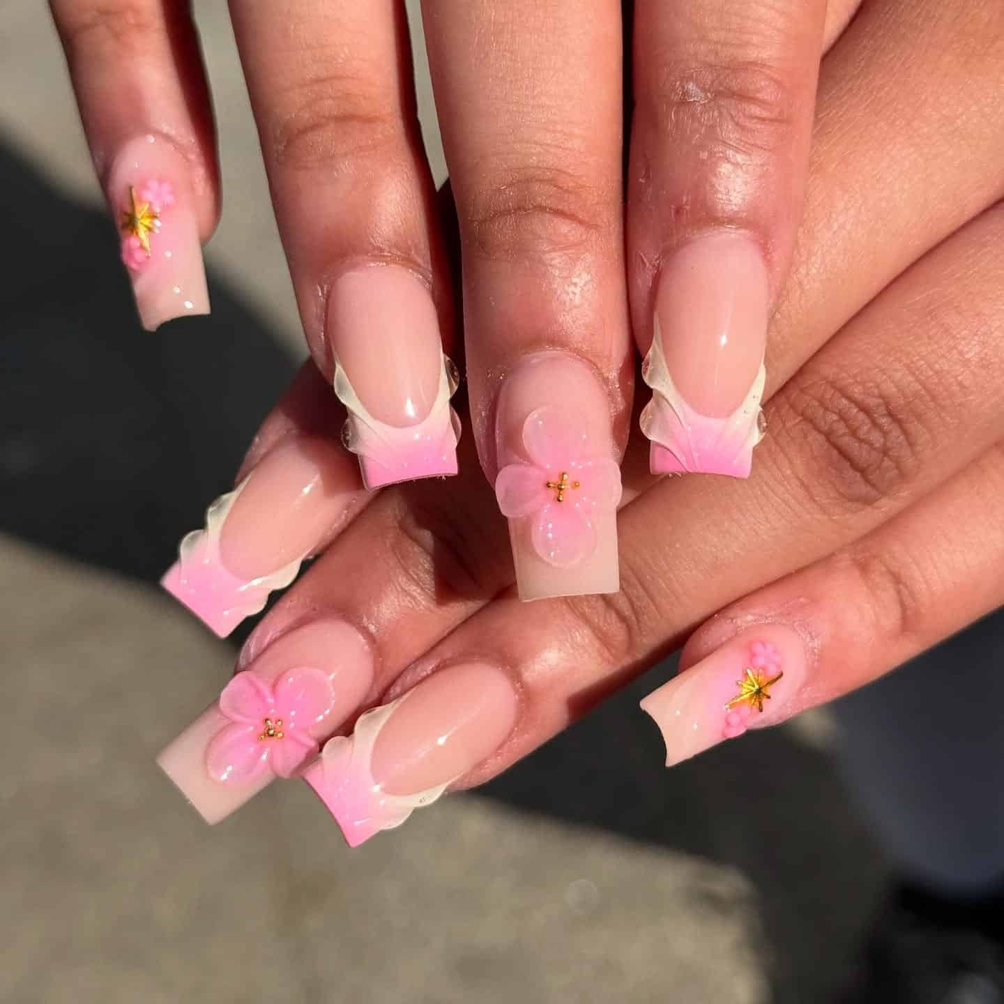 13. Pink French Tip Square Nails with 3D Floral Accents - soft pink nail ideas