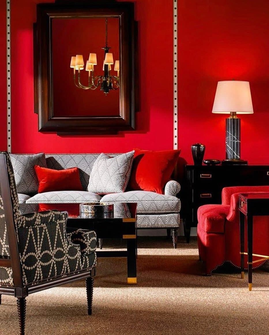 1. Classic Red Panel Living Room with Black Accents - red living room ideas