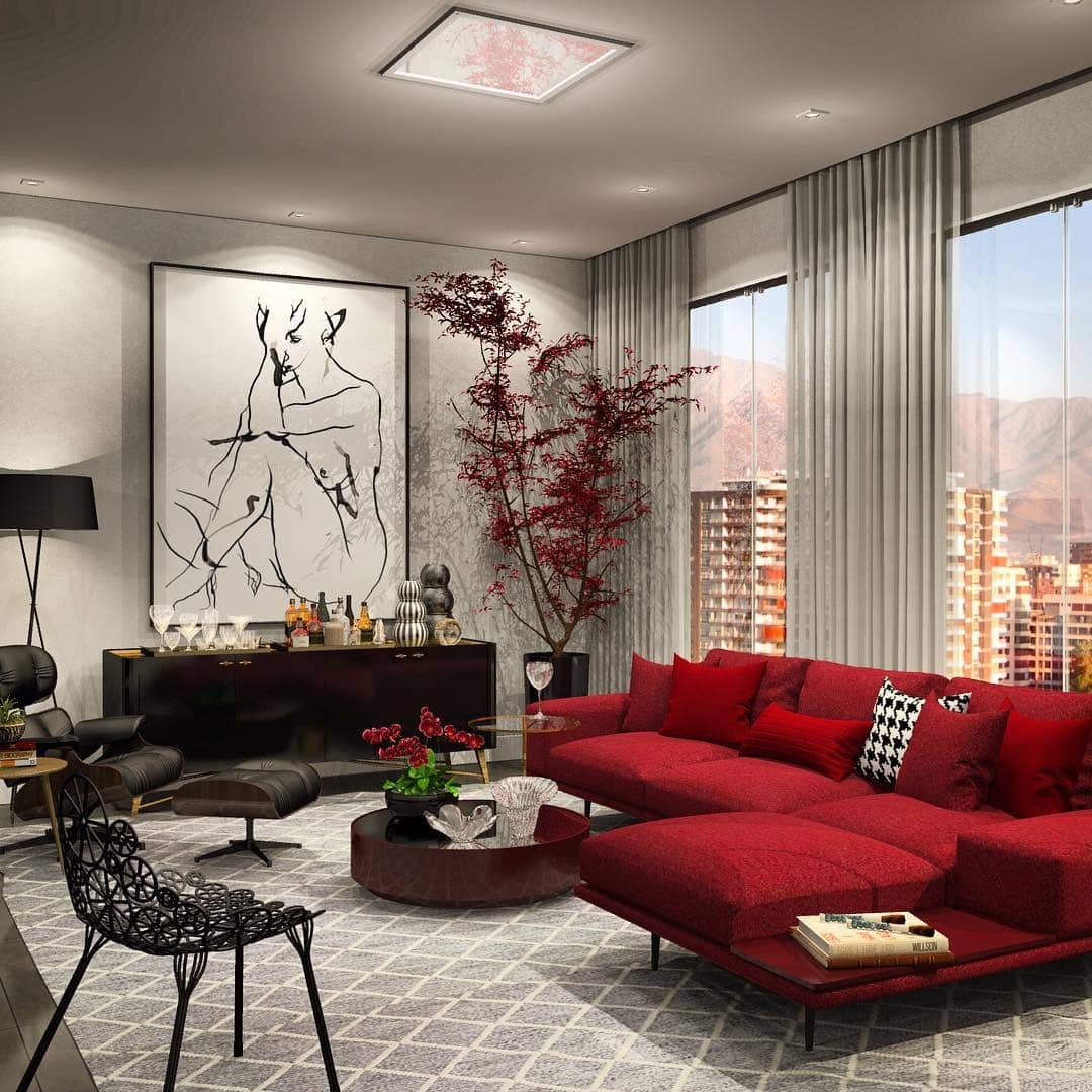 3. Modern Red Statement Sofa in Contemporary Living Space - red living room ideas