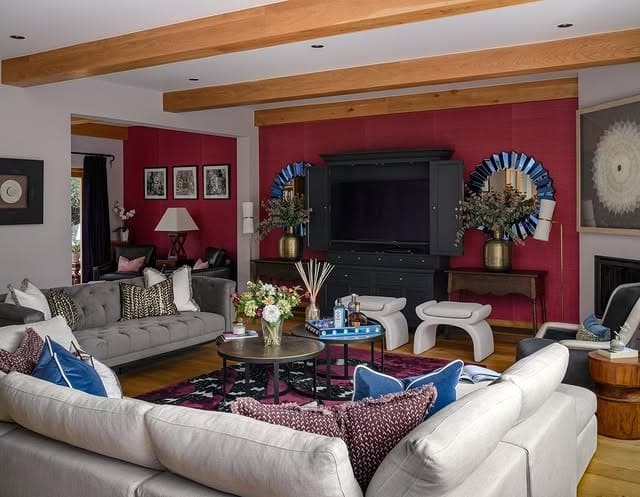 8. Transitional Living Room with Red Feature Wall and Neutrals - red living room ideas