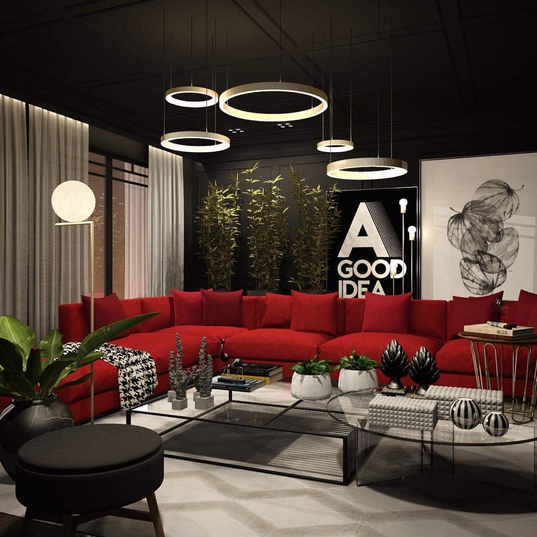 9. Contemporary Black and Red Living Room with Sculptural Lighting - red living room ideas