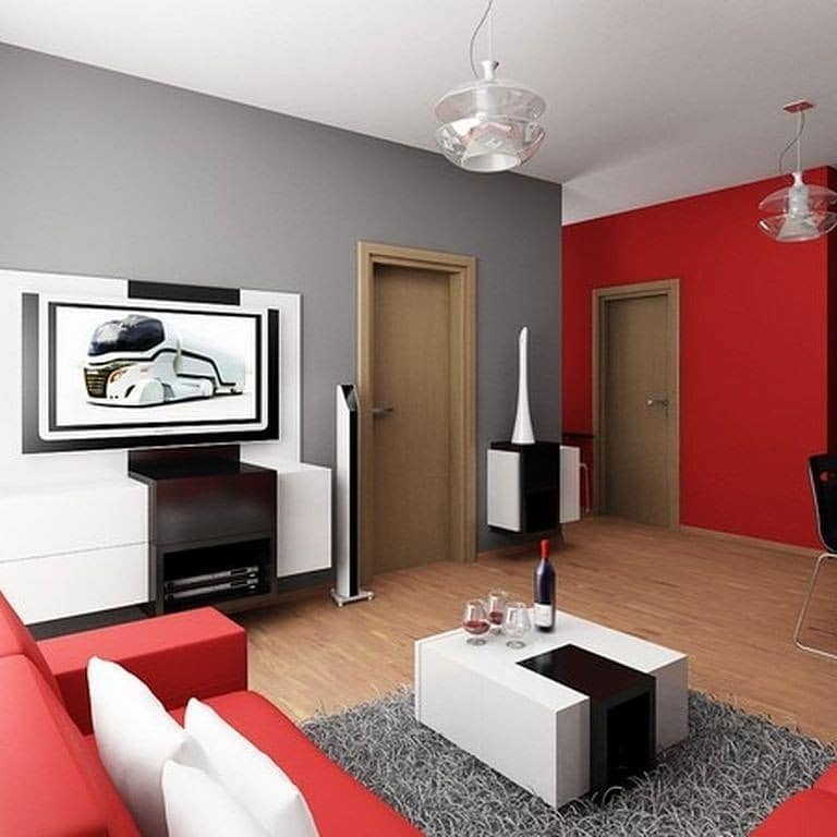 10. Minimalist Living Room with Red Accent Wall and Clean Lines - red living room ideas