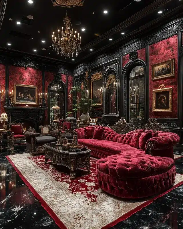 13. Dramatic Red and Black Living Room with Baroque Detailing - red living room ideas