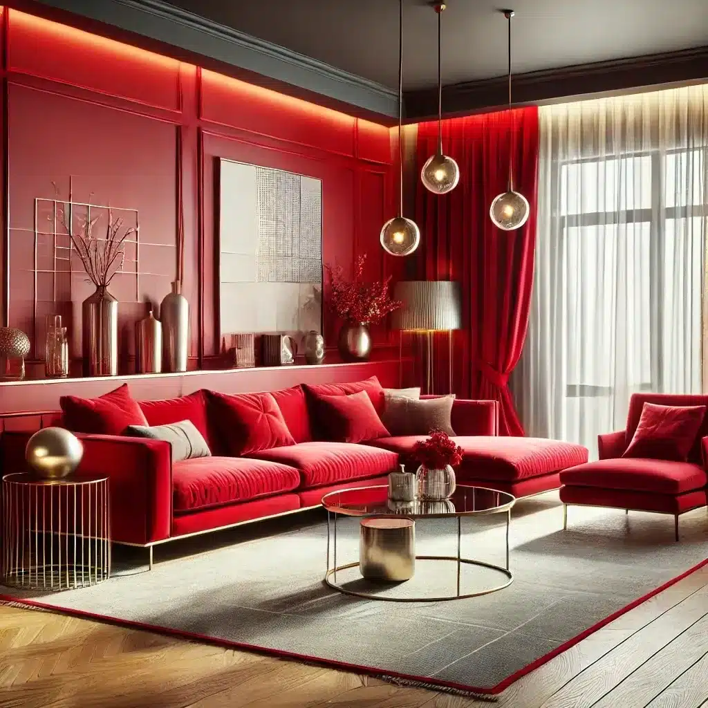 18. Modern Glam Red Living Room with Metallic Accents - red living room ideas