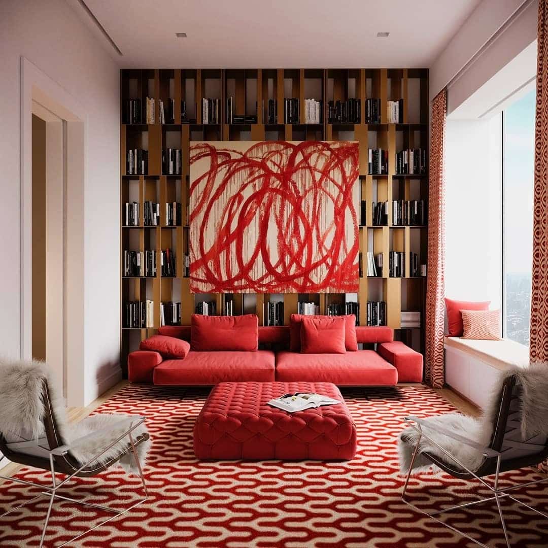 19. Artistic Red Living Room with Statement Wall Art and Patterned Rug - red living room ideas