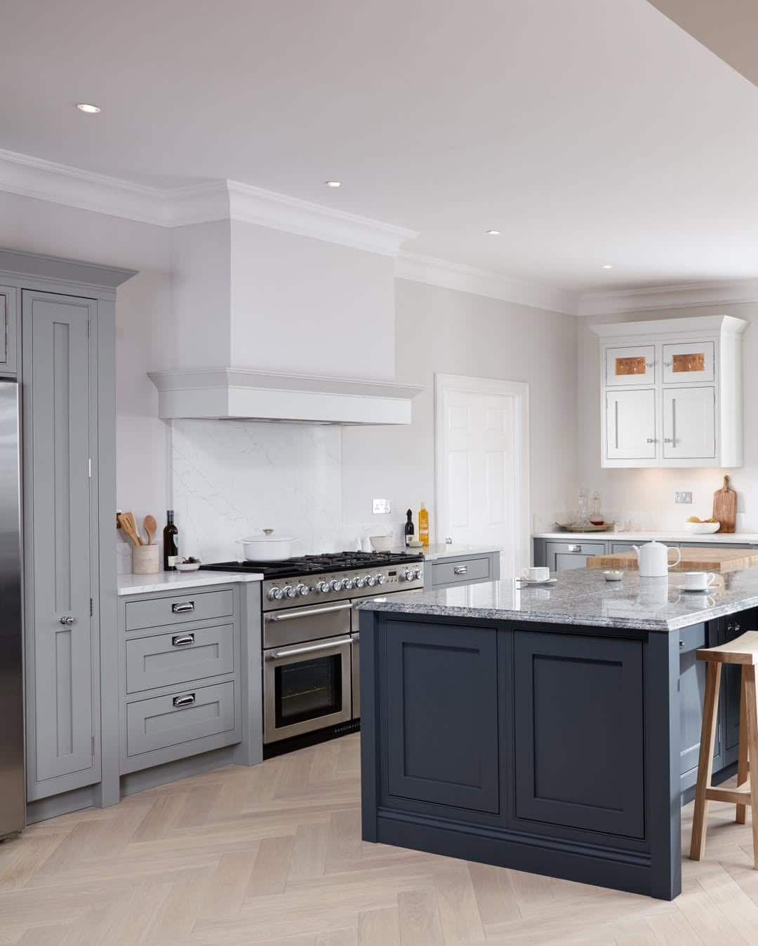 2. Charcoal Blue Island with Classic Gray Perimeter Units - blue and gray kitchen ideas