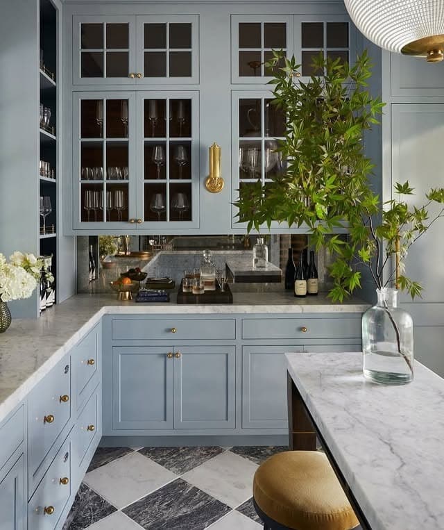 9. Blue and Gray Kitchen with Glass-Front Display Cabinets - blue and gray kitchen ideas