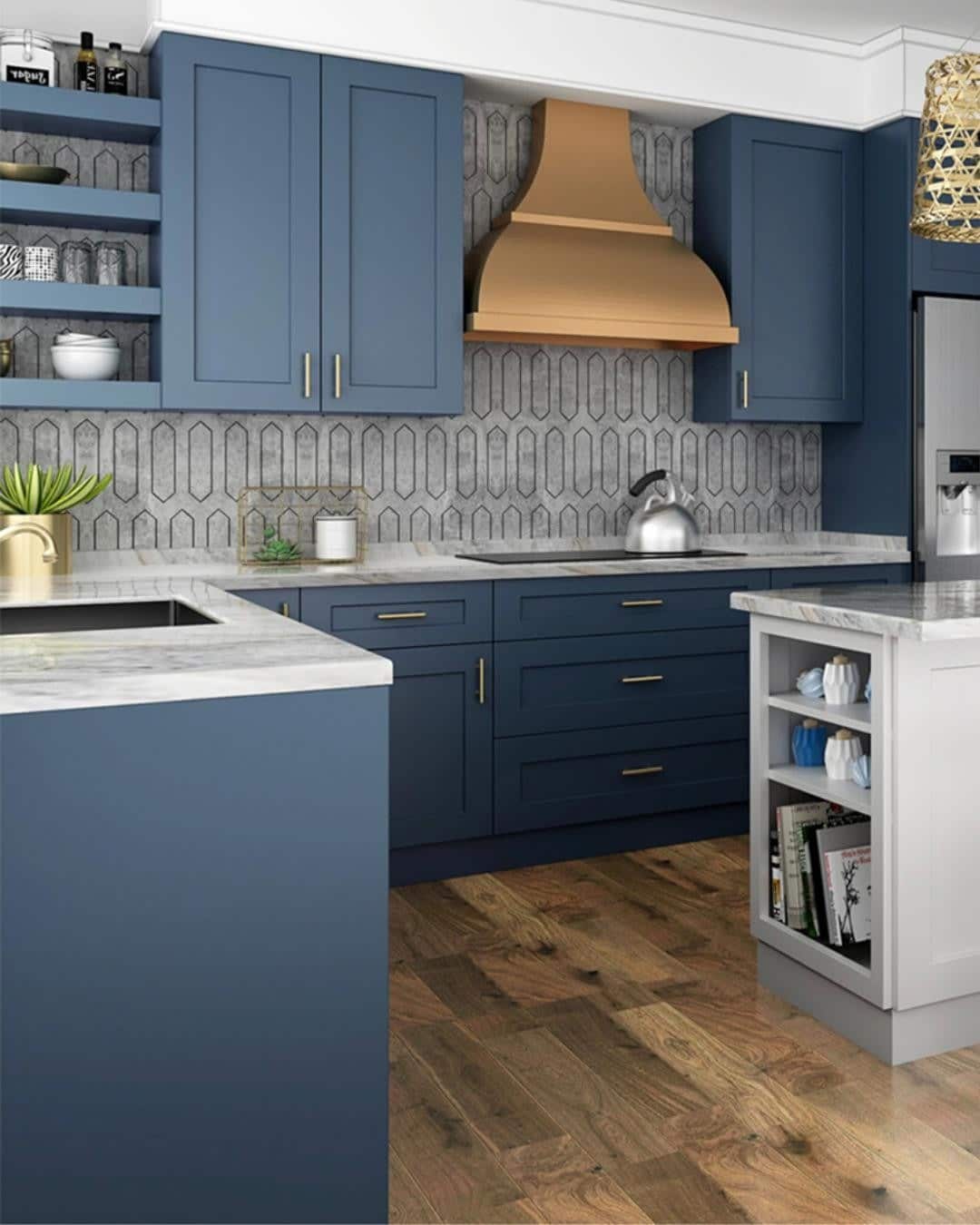 13. Mid-Tone Blue Cabinets with Geometric Gray Backsplash - blue and gray kitchen ideas