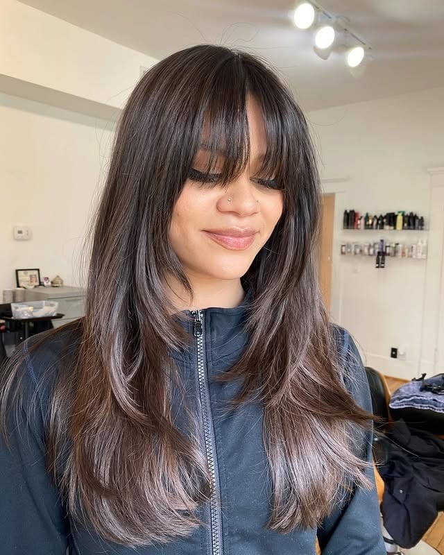 9. Wispy Layered Cut with Curtain Fringe in Warm Brunette - Straight Wispy Hair