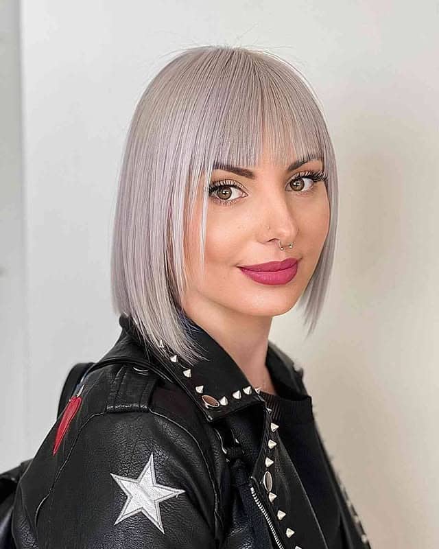 13. Precision Blunt Bob with Full Fringe in Silver Platinum - Straight Wispy Hair