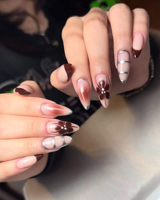 7. Cocoa and Cream Mixed Design Almond Nails - sophisticated nail ideas
