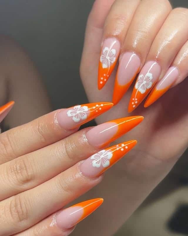 9. Neon Orange Floral Stiletto Nails - sophisticated nail ideas